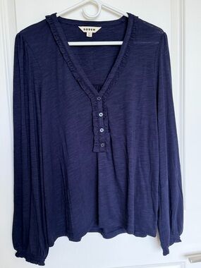 Boden Navy Long-Sleeve V-Neck Top with Ruffle Trim EUC